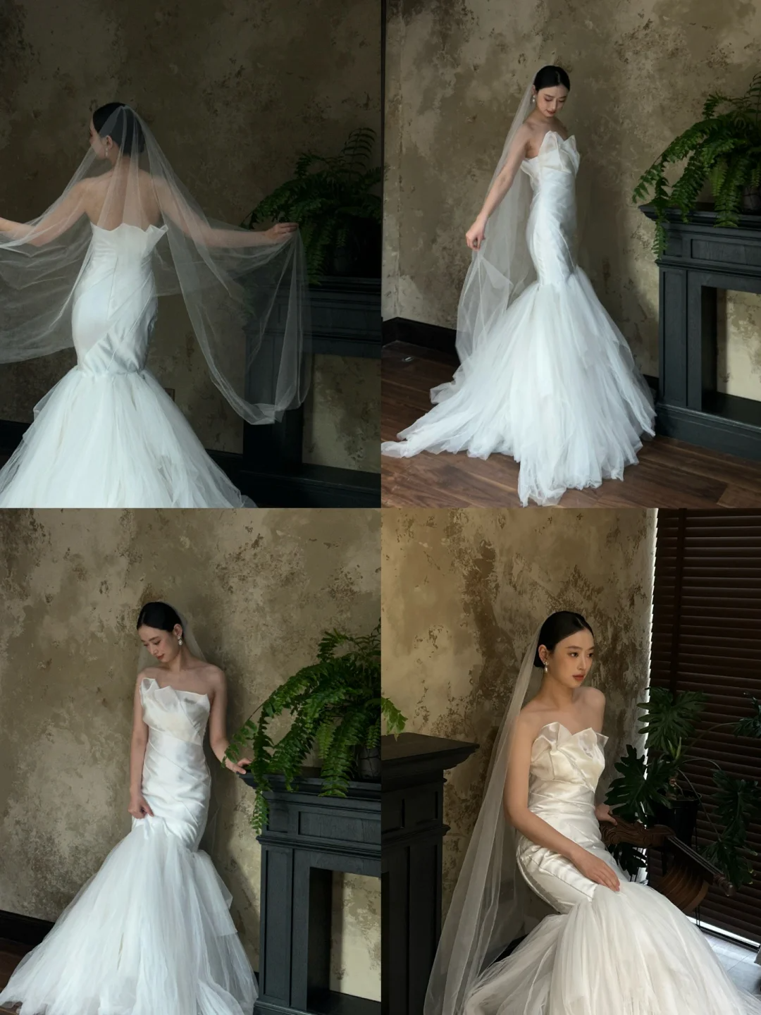 Robe de mariée sirène bustier en satin et tulle avec voile, longue et rêveuse, C4319