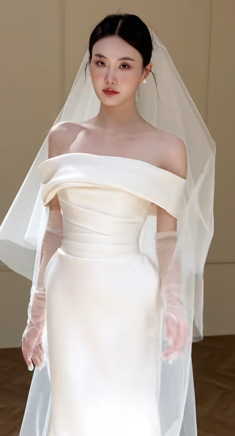 Robe de mariée sirène élégante en satin à épaules dénudées et voile avec gants C4327