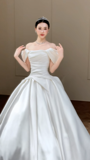 Robe de mariée longue en satin, élégante, épaules dénudées, C4330