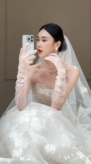 Robe de mariée longue en tulle et dentelle, bustier et voile, style rêveur, C4334