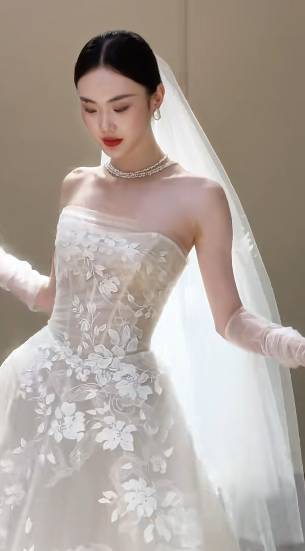 Robe de mariée longue en tulle et dentelle, bustier et voile, style rêveur, C4334
