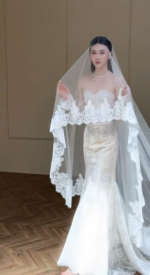 Robe de mariée longue en tulle et dentelle, col en cœur, style sirène intemporel, avec gants et voile C4340