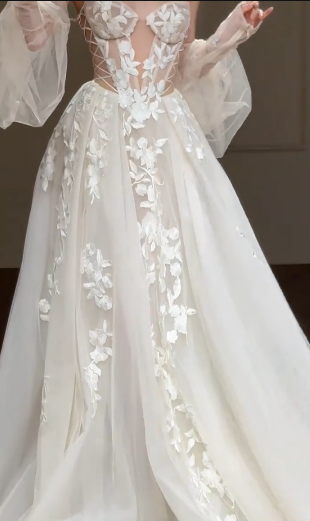 Robe de mariée longue en tulle à épaules dénudées et manches longues, style trapèze, C4351