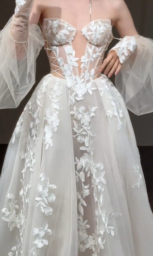Robe de mariée longue en tulle à épaules dénudées et manches longues, style trapèze, C4351