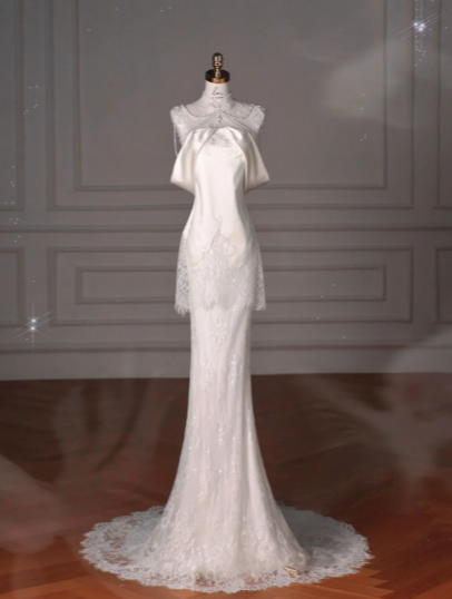 Superbe robe de mariée sirène longue en satin et dentelle perlée C4372