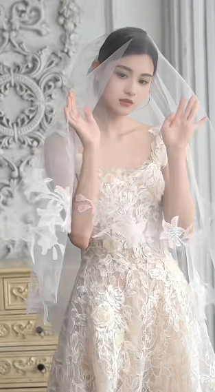 Superbe robe de mariée trapèze longue en tulle et dentelle avec bretelles spaghetti et voile C4376