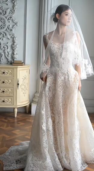 Superbe robe de mariée trapèze longue en tulle et dentelle avec bretelles spaghetti et voile C4376