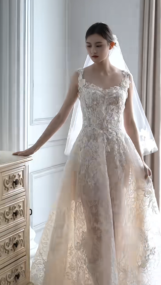 Superbe robe de mariée trapèze longue en tulle et dentelle avec bretelles spaghetti et voile C4376