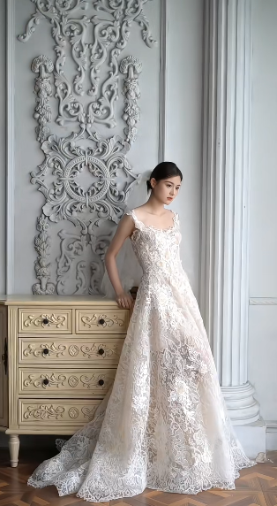 Superbe robe de mariée trapèze longue en tulle et dentelle avec bretelles spaghetti et voile C4376