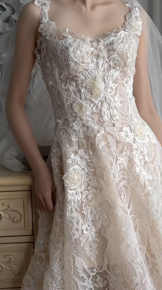 Superbe robe de mariée trapèze longue en tulle et dentelle avec bretelles spaghetti et voile C4376