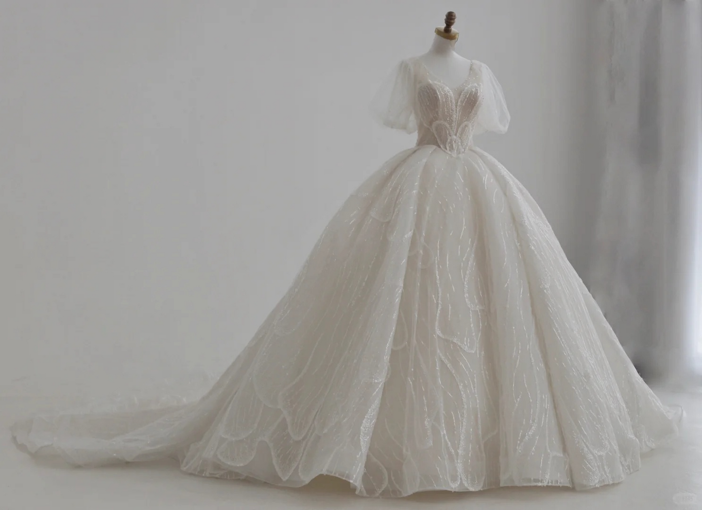 Robe de mariée élégante, col en V, tulle, paillettes, manches courtes, longue, C4391