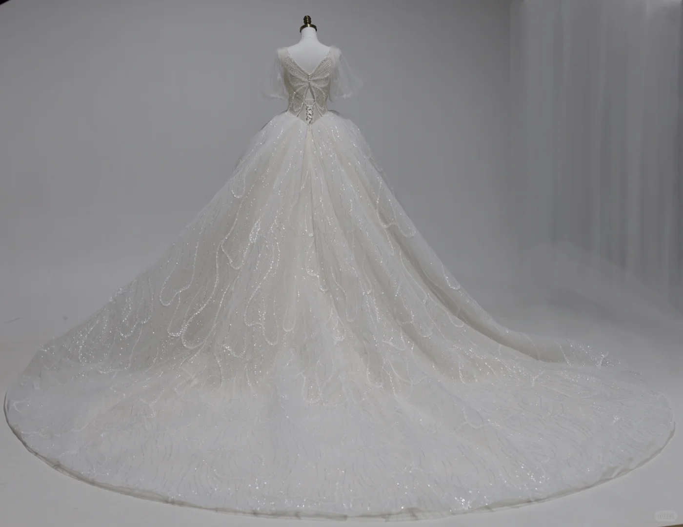 Robe de mariée élégante, col en V, tulle, paillettes, manches courtes, longue, C4391