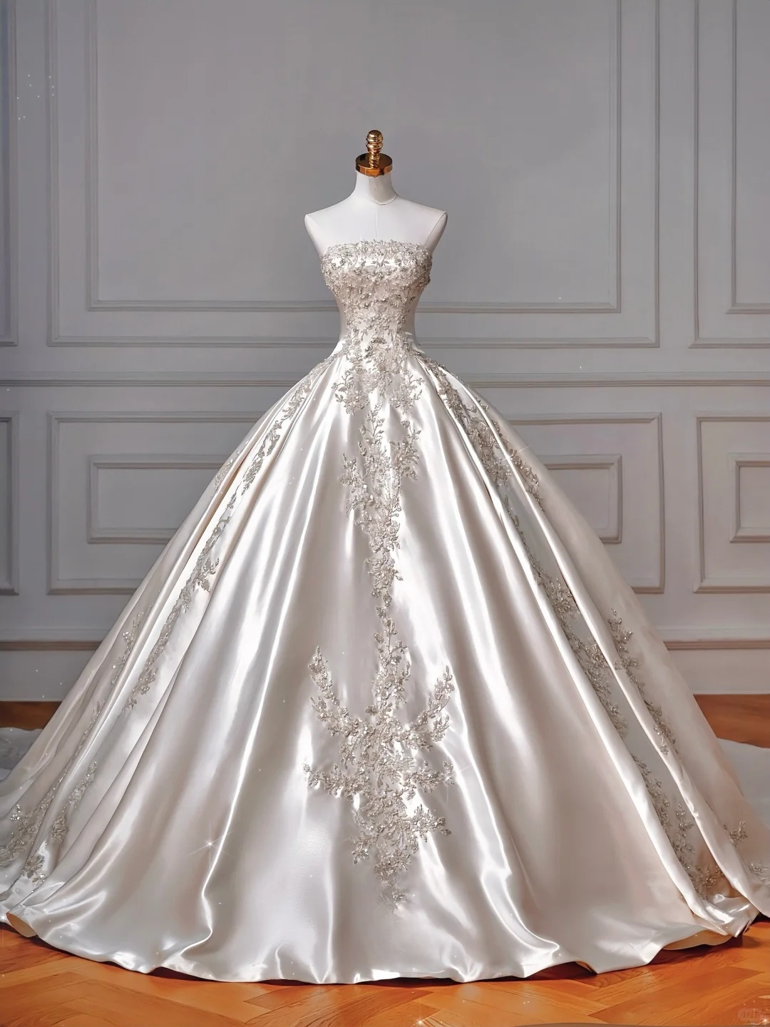 Superbe robe de mariée longue en satin, sans bretelles, à sequins et perles, C4403