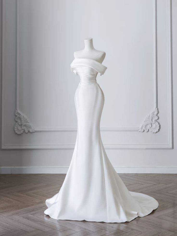 White Elegant Mermaid Off The Shoulder Satin Long Wedding Dresses C4405
