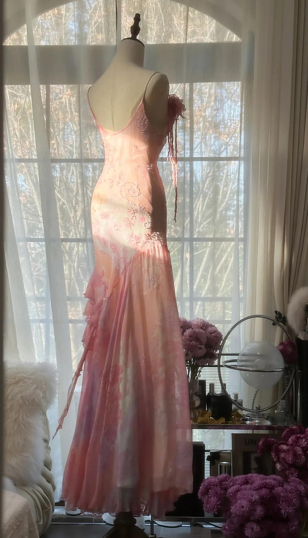 Special Mermaid Spaghetti Straps Chiffon Printed Beads Long Prom Dresses Formal Dress C4437
