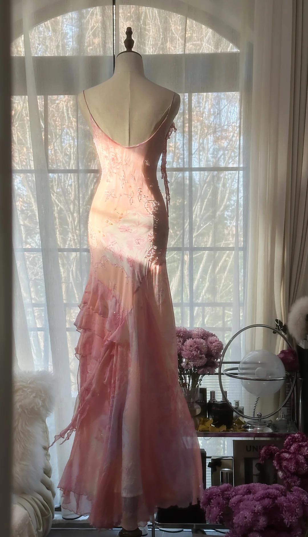 Special Mermaid Spaghetti Straps Chiffon Printed Beads Long Prom Dresses Formal Dress C4437