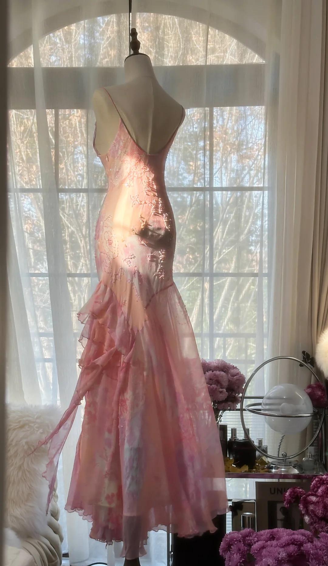Special Mermaid Spaghetti Straps Chiffon Printed Beads Long Prom Dresses Formal Dress C4437