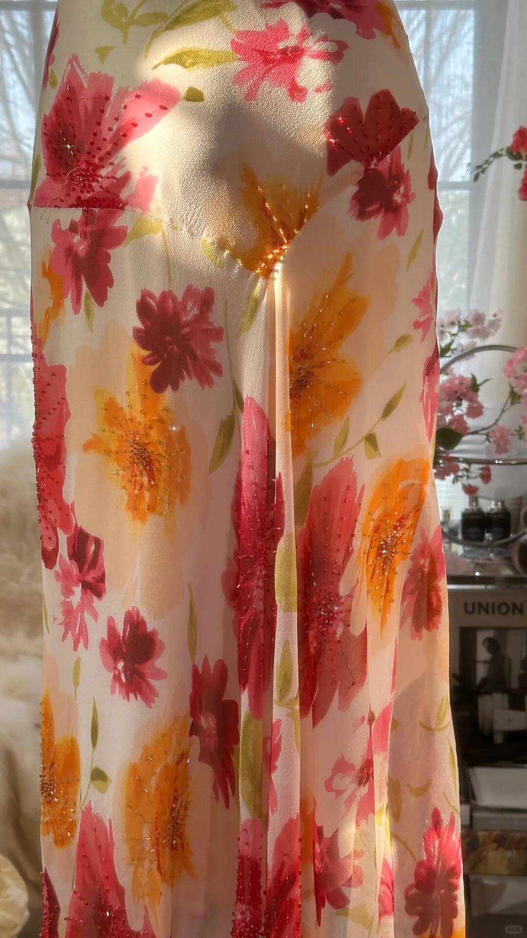 Robe de bal longue sexy sirène à bretelles spaghetti en mousseline de soie, imprimé fleurs et perles, C4439