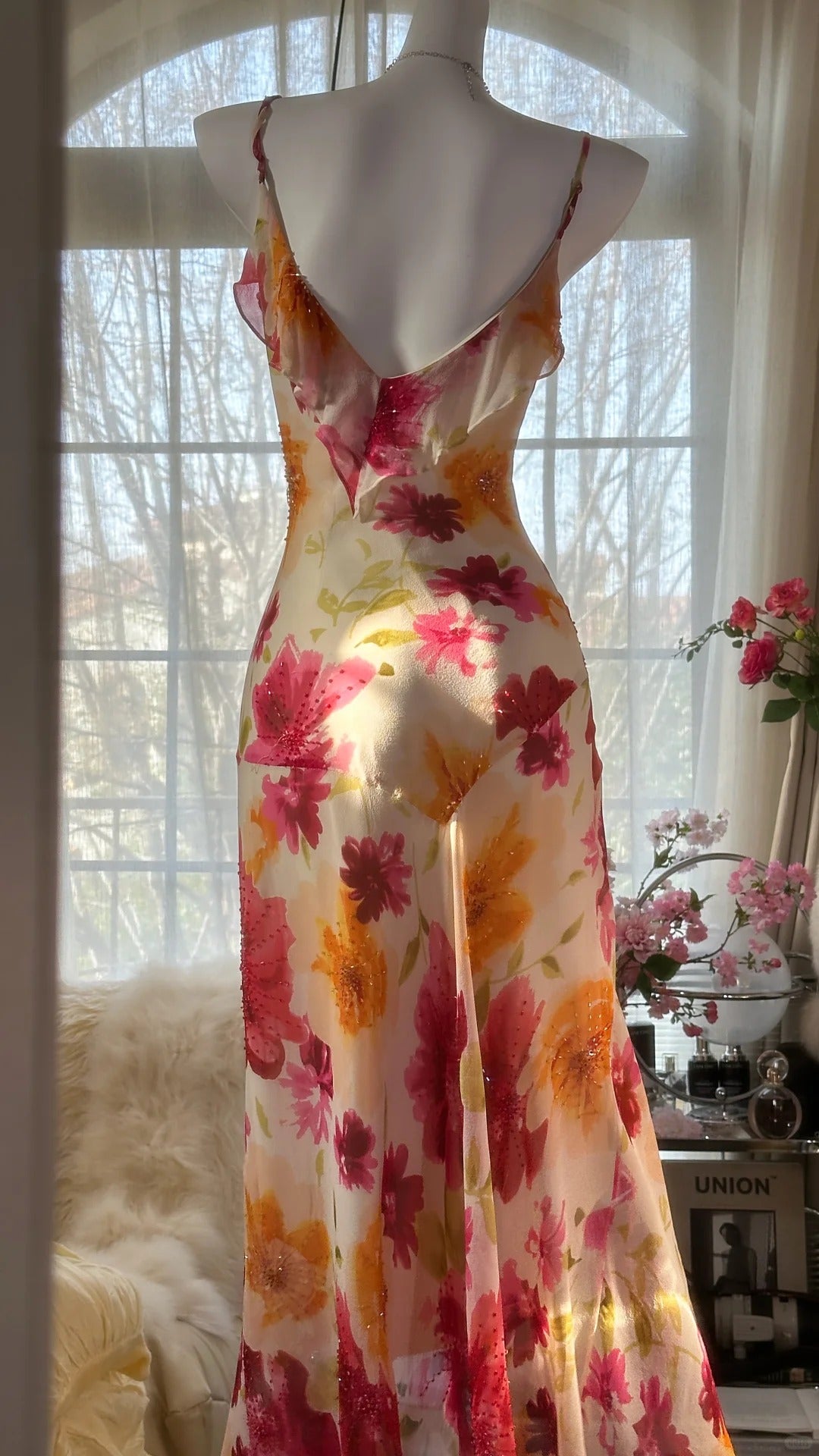 Robe de bal longue sexy sirène à bretelles spaghetti en mousseline de soie, imprimé fleurs et perles, C4439
