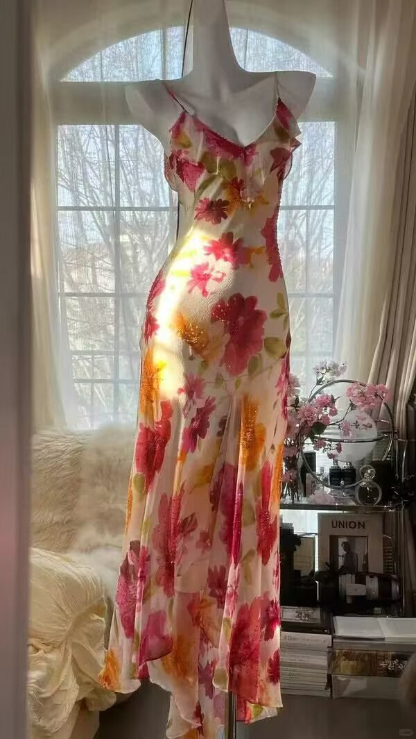 Robe de bal longue sexy sirène à bretelles spaghetti en mousseline de soie, imprimé fleurs et perles, C4439