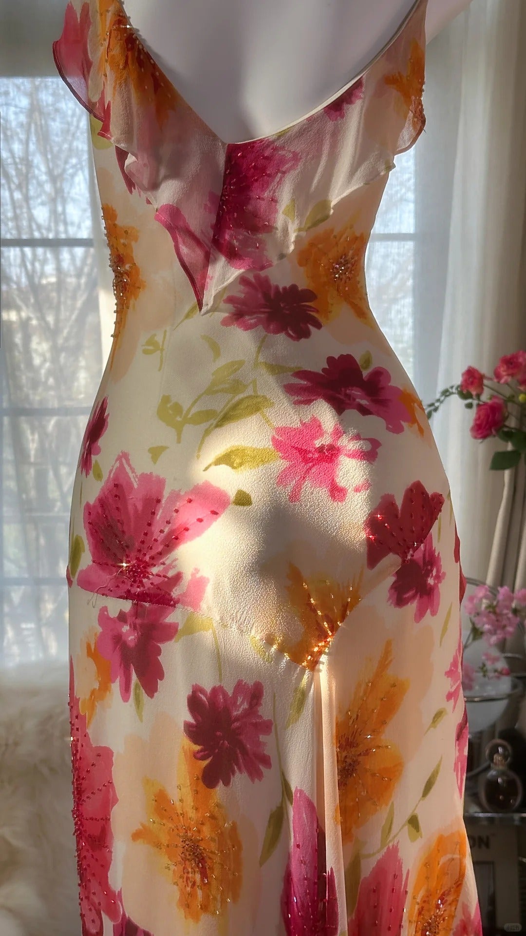 Robe de bal longue sexy sirène à bretelles spaghetti en mousseline de soie, imprimé fleurs et perles, C4439
