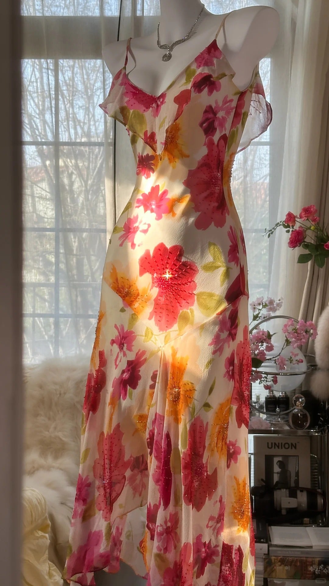 Robe de bal longue sexy sirène à bretelles spaghetti en mousseline de soie, imprimé fleurs et perles, C4439