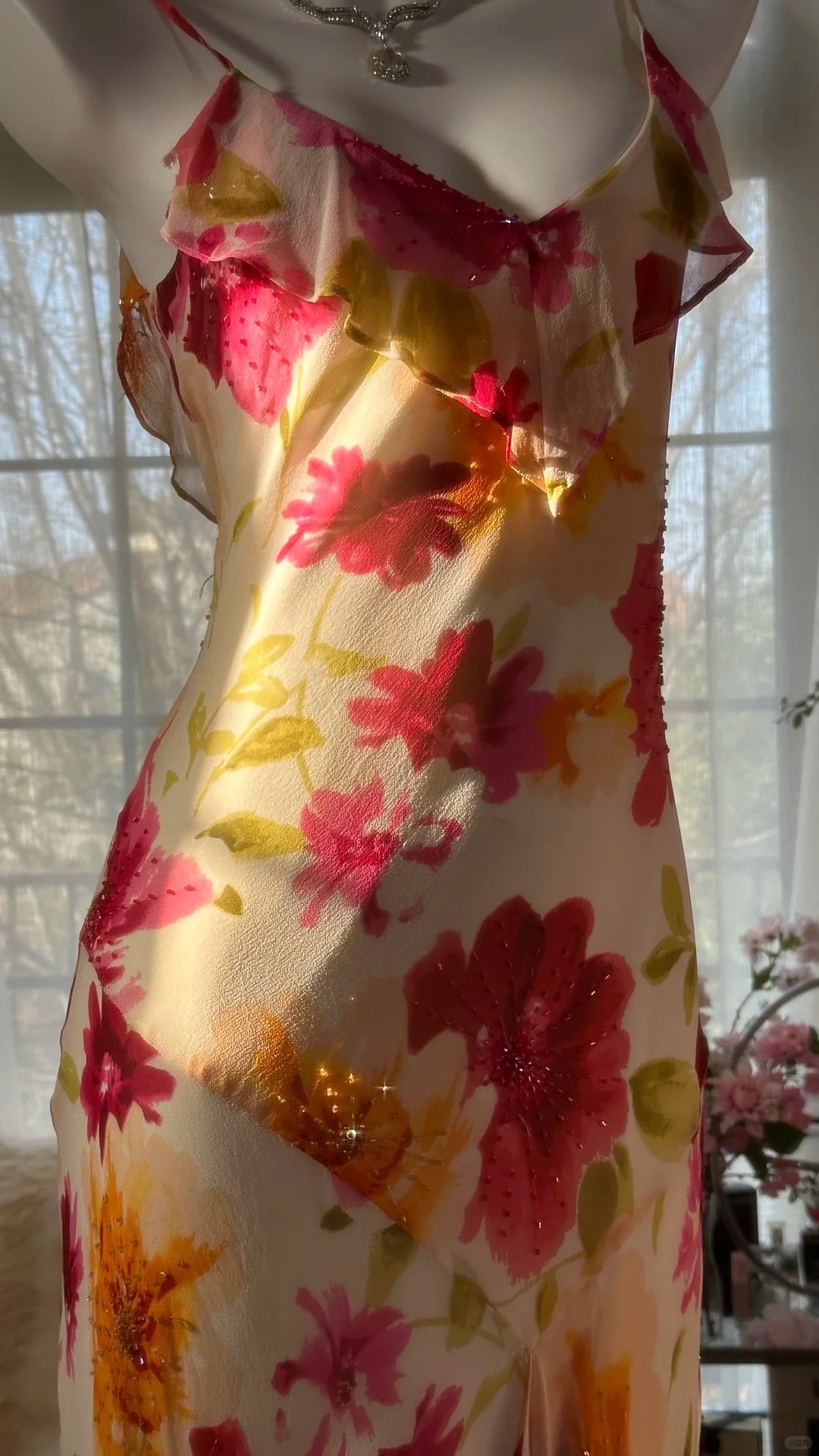 Robe de bal longue sexy sirène à bretelles spaghetti en mousseline de soie, imprimé fleurs et perles, C4439