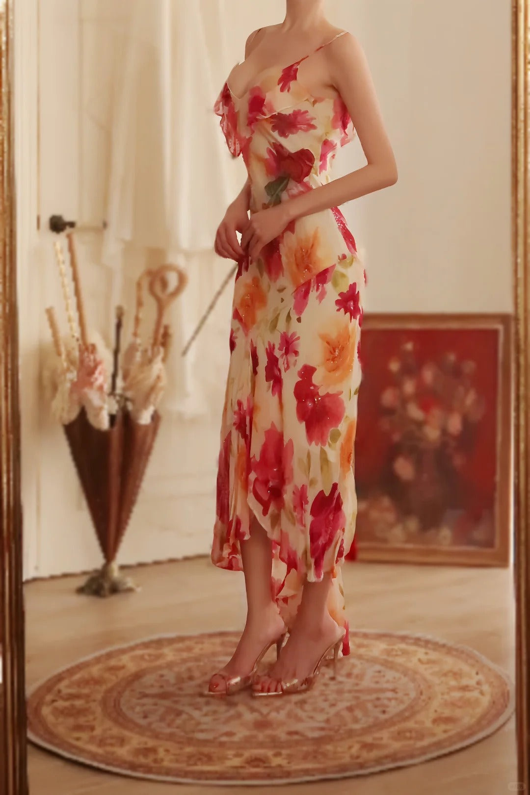 Robe de bal longue sexy sirène à bretelles spaghetti en mousseline de soie, imprimé fleurs et perles, C4439