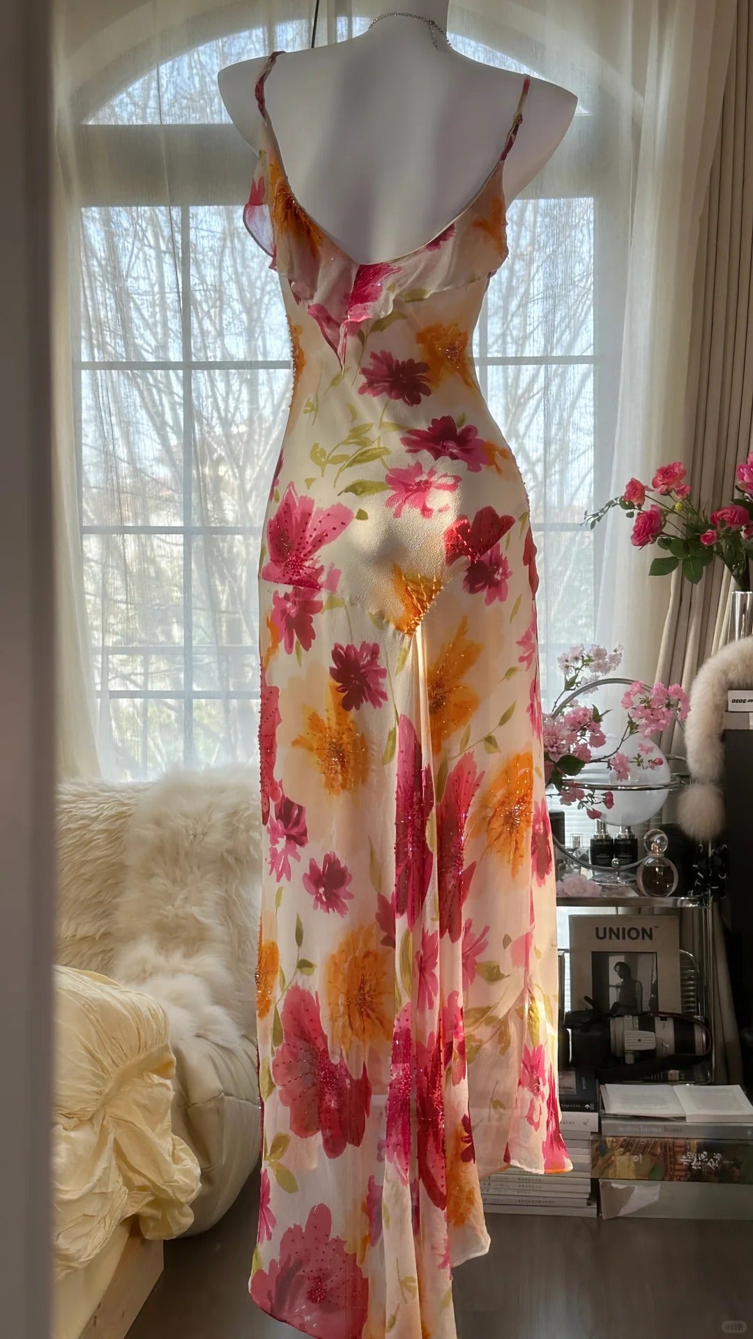 Robe de bal longue sexy sirène à bretelles spaghetti en mousseline de soie, imprimé fleurs et perles, C4439