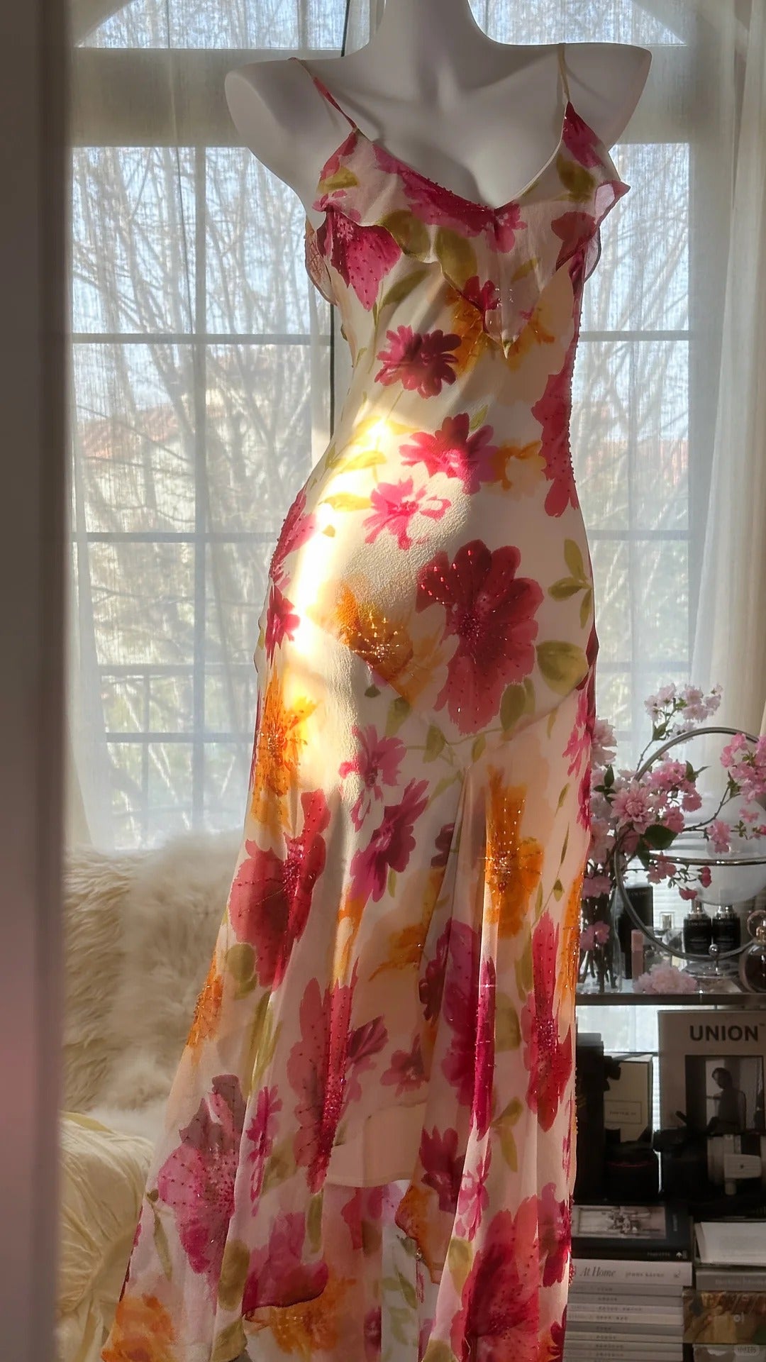 Robe de bal longue sexy sirène à bretelles spaghetti en mousseline de soie, imprimé fleurs et perles, C4439