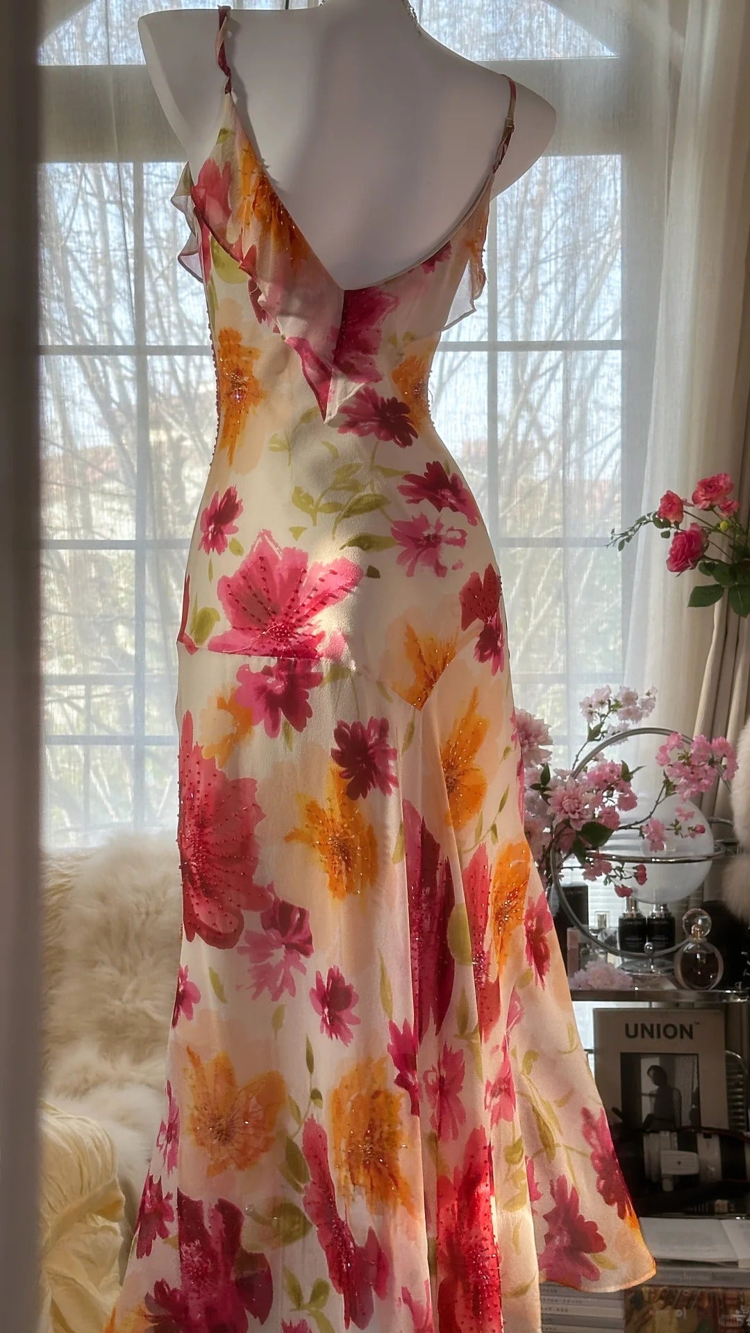 Robe de bal longue sexy sirène à bretelles spaghetti en mousseline de soie, imprimé fleurs et perles, C4439