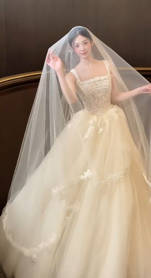 Robe de mariée longue en tulle et dentelle avec voile, robe de bal élégante, C4441