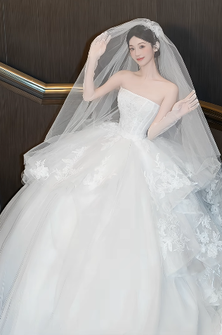 Robe de mariée longue en tulle blanc, bustier, avec voile et gants, style rêveur, C4442