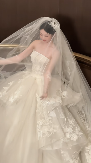 Robe de mariée longue en tulle blanc, bustier, avec voile et gants, style rêveur, C4442