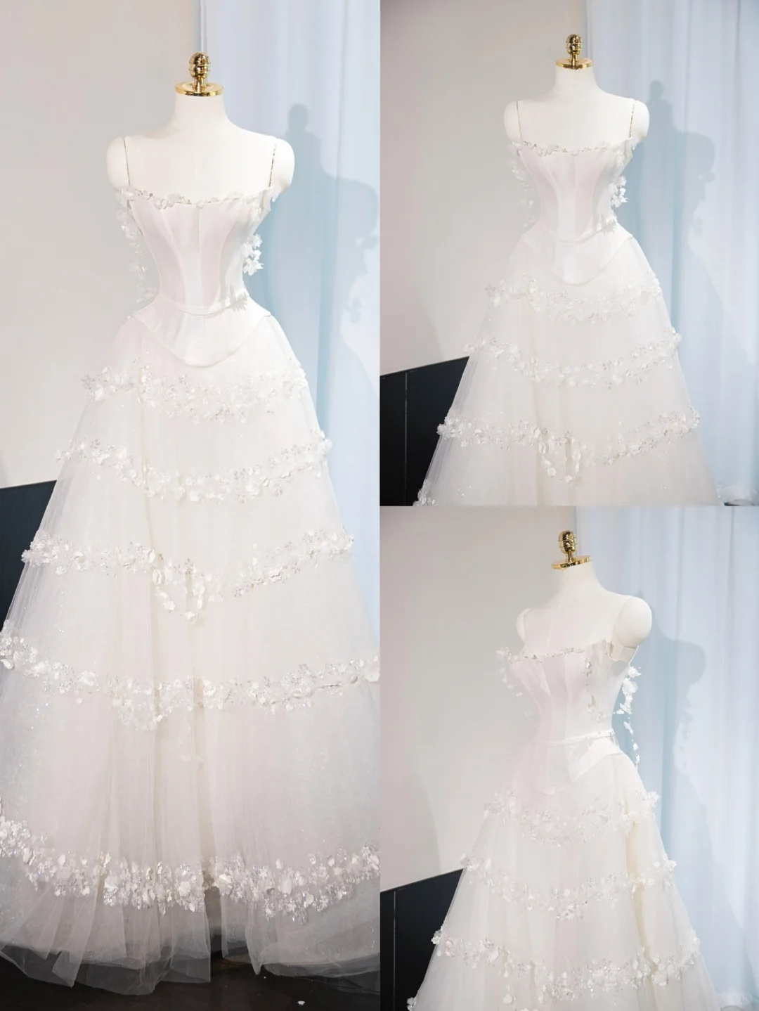 Robe de mariée longue princesse trapèze à bretelles spaghetti en satin blanc et tulle avec appliques C4448