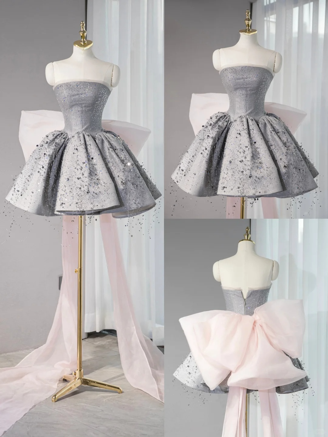 Pretty Gray Ball Gown Strapless Satin Sequin Back With Bow Short Homecoming Dress 16th Birthday Outfits C4450
