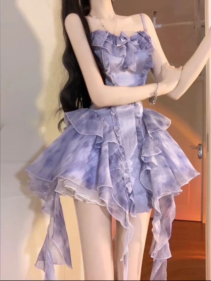 Lilac Ball Gown Spaghetti Straps Chiffon Ruffles Short Homecoming Dress 17th Birthday Outfits C4453