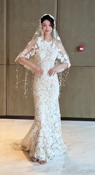 Superbe robe de mariée sirène longue en tulle et dentelle avec appliques et voile C4468