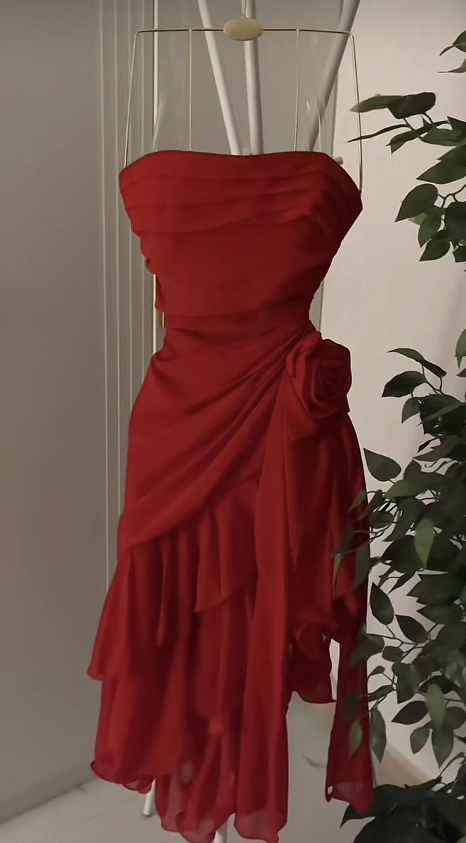 Red A Line Strapless Chiffon Flower Short Homecoming Dress 16th Birthday Outfits C4493