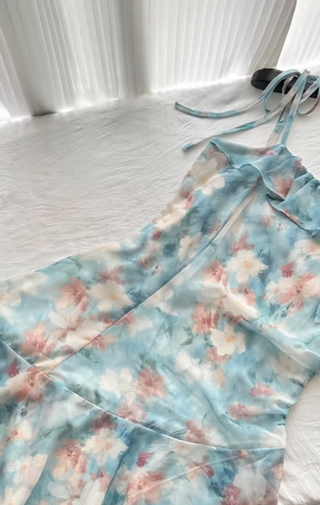 Chic A Line Spaghetti Straps Chiffon Printed Short Homecoming Dress 19th Birthday Outfits C4548