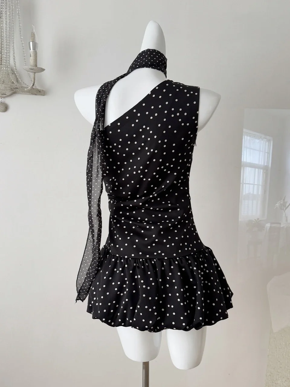 Sweet 16th Black A Line One Shoulder Satin Polka Dots Short Homecoming Dress Birthday Outfits C4550