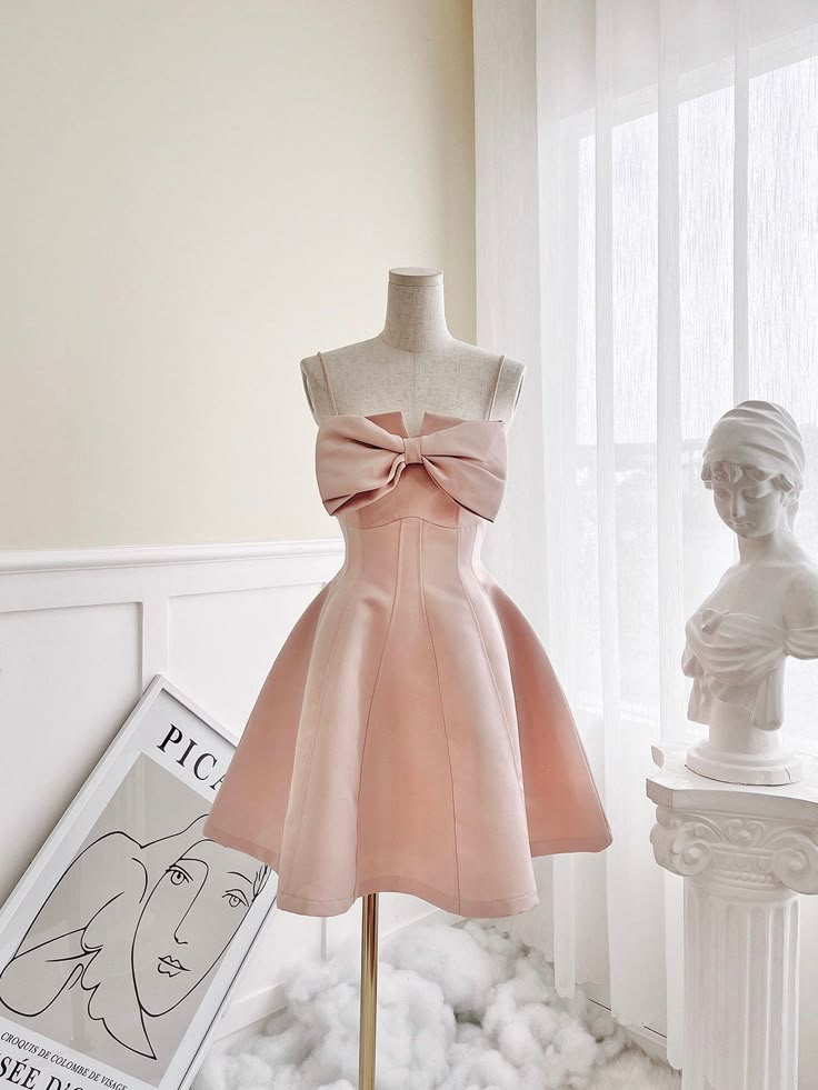 Simple Pink A Line Spaghetti Straps Satin Bow Short Homecoming Dress18th Birthday Outfits C4607