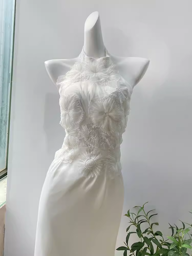 Robe d'anniversaire en dentelle, gaine Simple, décolleté haut, robes de soirée blanches, C460
