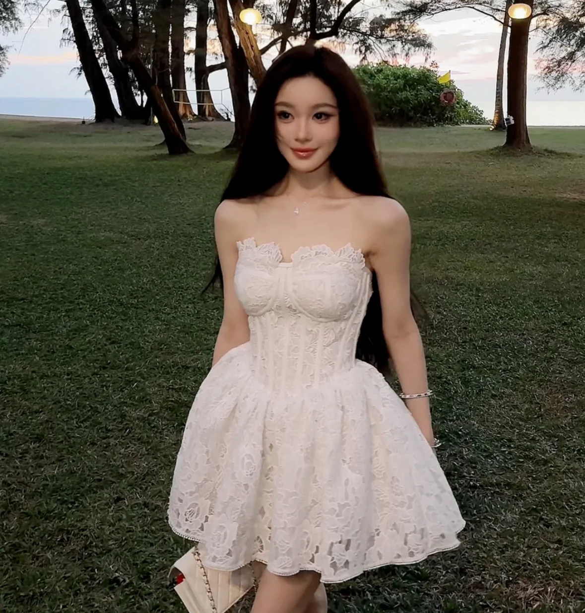 Sweet A Line Strapless Satin Lace Short Homecoming Dress 17th Birthday Outfits C4613