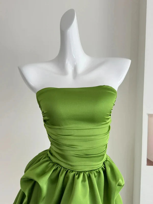 Chic A Line Strapless Green Satin Pleated Short Homecoming Dress 18th Birthday Outfits C4623
