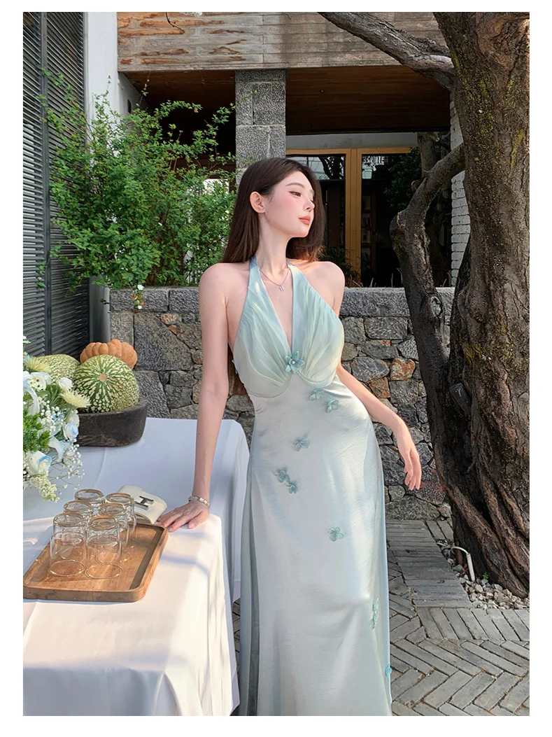 Robe de bal longue en satin et mousseline de soie, coupe trapèze, décolleté en V, élégante, C4643