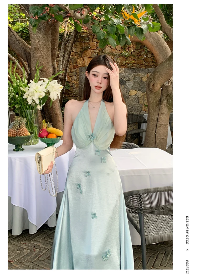 Robe de bal longue en satin et mousseline de soie, coupe trapèze, décolleté en V, élégante, C4643