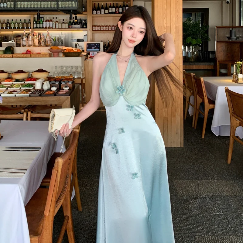 Robe de bal longue en satin et mousseline de soie, coupe trapèze, décolleté en V, élégante, C4643
