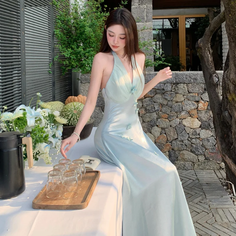 Robe de bal longue en satin et mousseline de soie, coupe trapèze, décolleté en V, élégante, C4643
