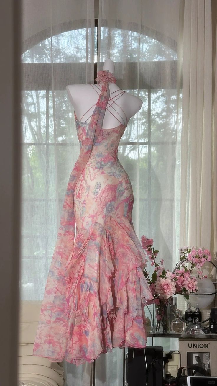 Superbe robe de bal longue sirène à bretelles spaghetti en mousseline imprimée C4645